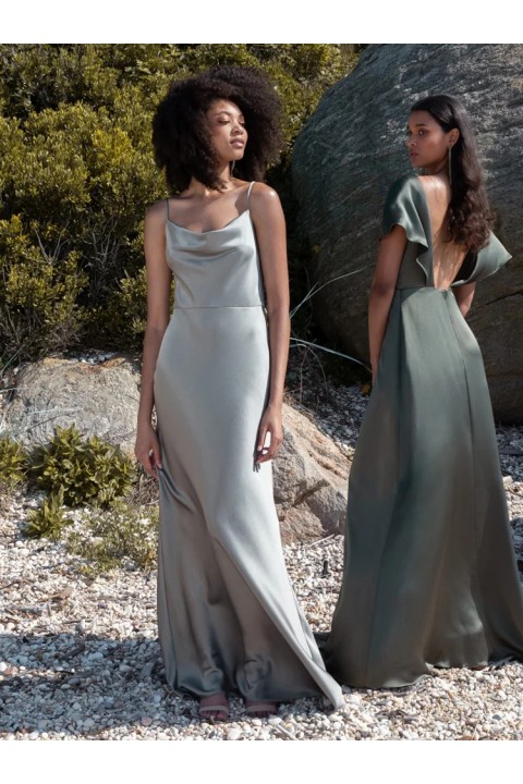 Olive Green V Neck Cap Sleeves Ruffles Backless High Split Luxe Satin Bridesmaid Dress