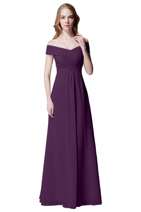 Crisscross Off-the-Shoulder Pleated V-back Bridesmaid Dress Long