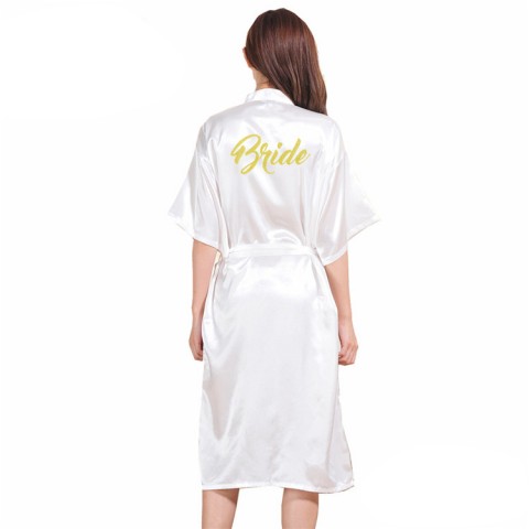 Slogan Printed Tied Waist Silk Bride Robe with Pockets