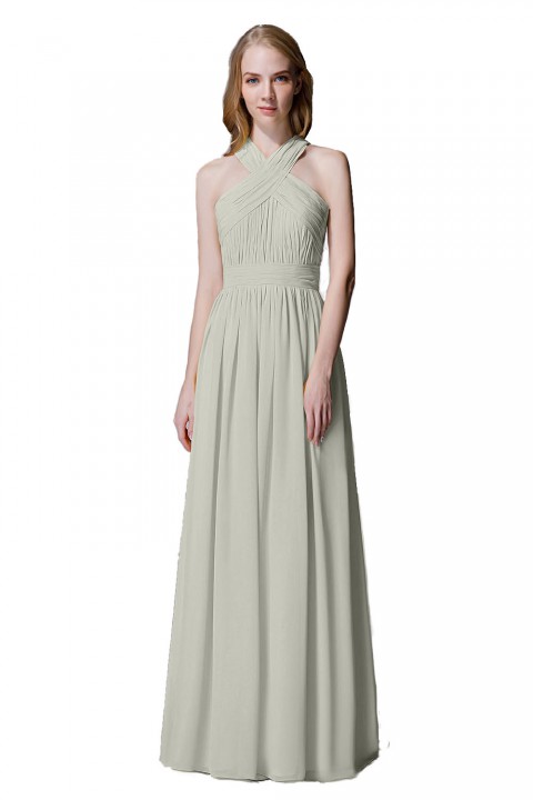 Criss-cross Halter Pleated Chiffon Bridesmaid Dress with Cross-straps Back