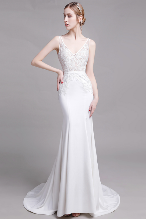 2021 New Fashion White Deep V Neck Mermaid Satin Wedding Dress With Small Train
