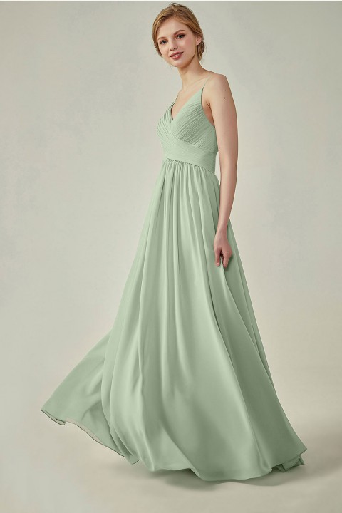 Spaghetti Straps Pleated Low V Back Bridesmaid Dress