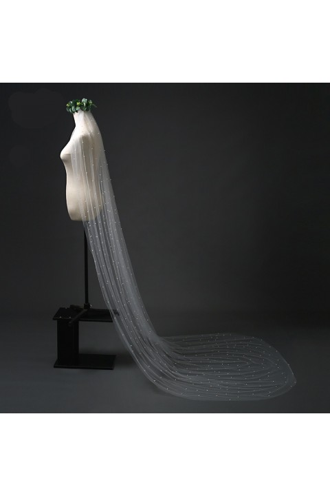 One-tier Cut Edge Cathedral Bridal Veil With Pearl