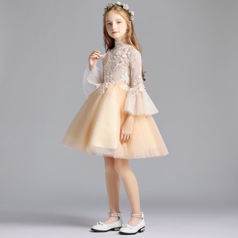 Yellow High Collar Long Puff Sleeve Embroidery Decor Tulle Skirt Girls Pageant Dresses