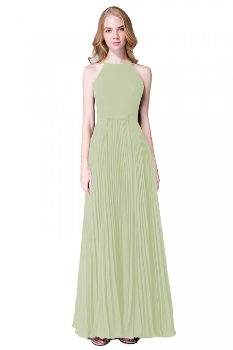 Fit-and-Flare Slit High-Neck Halter Bridesmaid Dress with Bowknot