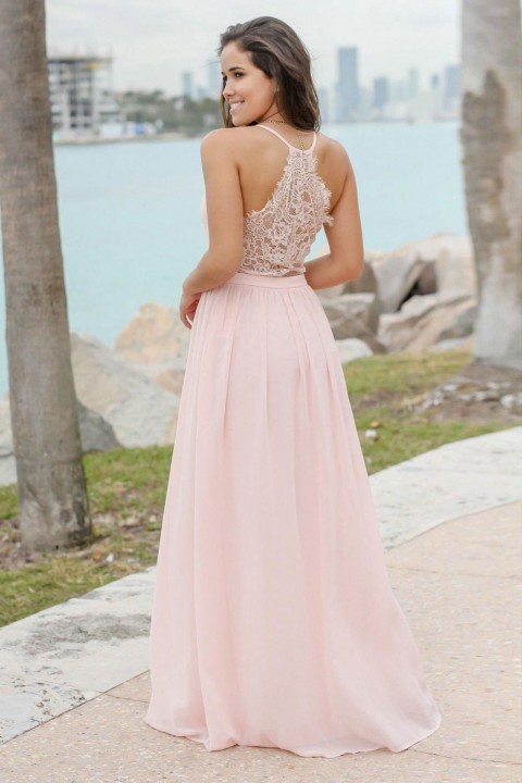 Illusion Lace Back Tank V Neck Bridesmaid Dress with Spaghetti Straps