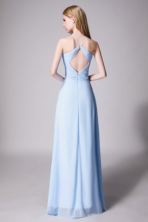 Spaghetti Straps Halter Neckline Front Cascade Bridesmaid Dress with Keyhole Back