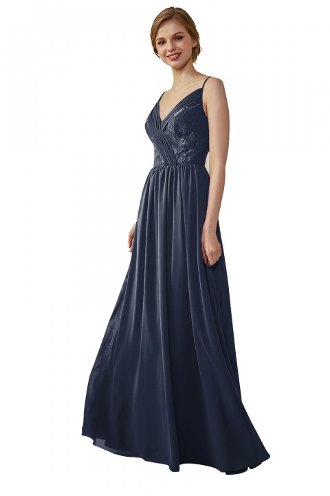 Double Spaghetti Straps Draped Lace Open-back Chiffon Bridesmaid Dress