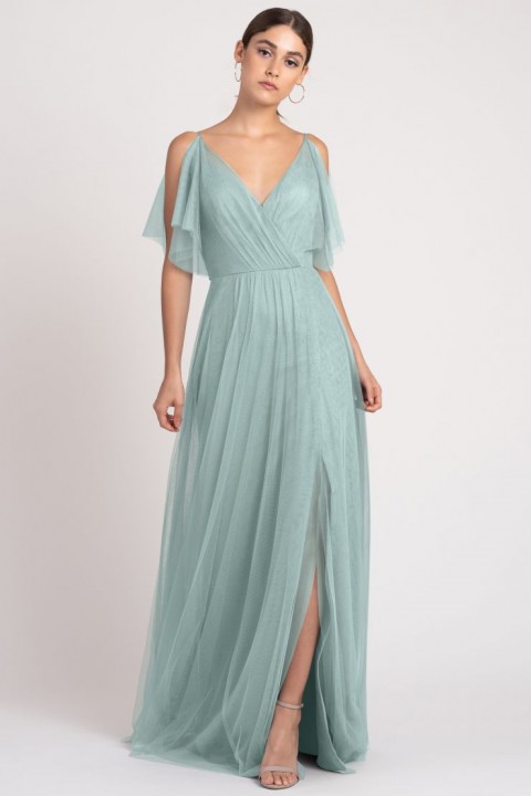 Cold Shoulder Short Sleeves Split Chiffon Bridesmaid Dress