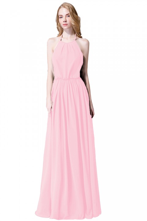 Halter Spaghetti Strap Open Back Chiffon Bridesmaid Dress with Sash