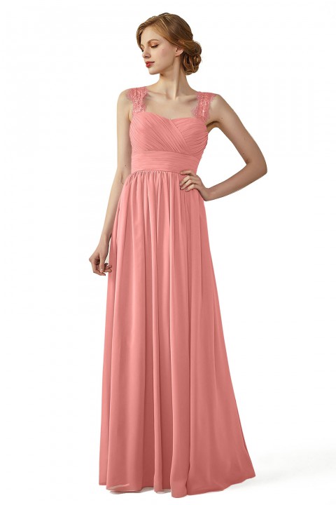 Pleated Long Chiffon Open Back Lace Strap Bridesmaid Dress