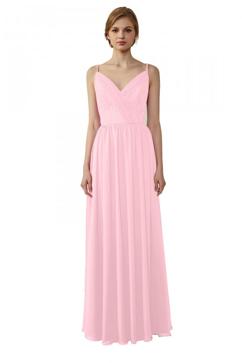 Double Spaghetti Straps Draped Lace Open-back Chiffon Bridesmaid Dress