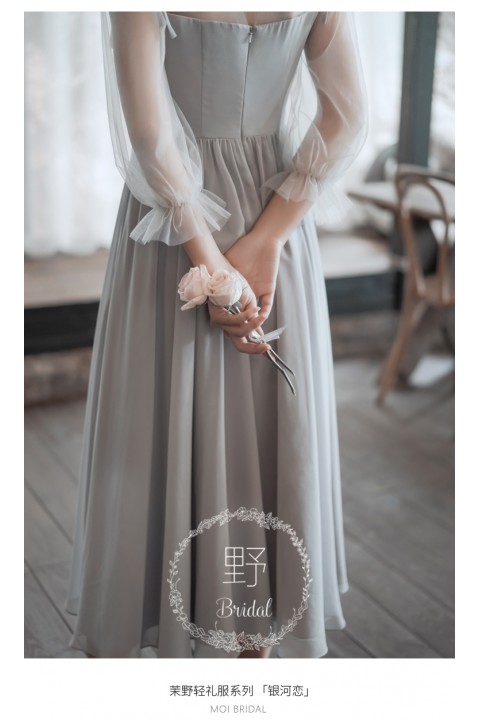 Grey Round Neck Long Tulle Sleeves Chiffon Bridesmaid Dress