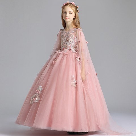 Round Neck Shawl Sleeve Embroidery Beaded Decor Tulle Skirt Girls Pageant Dresses