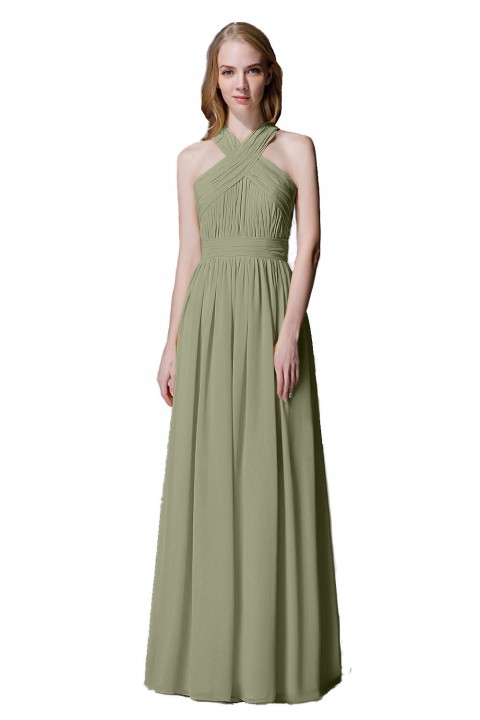 Criss-cross Halter Pleated Chiffon Bridesmaid Dress with Cross-straps Back