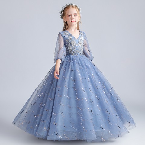 Long Sleeves V-neck Embroidery Decor Sequined Tulle Skirt Girls Pagent Dresses