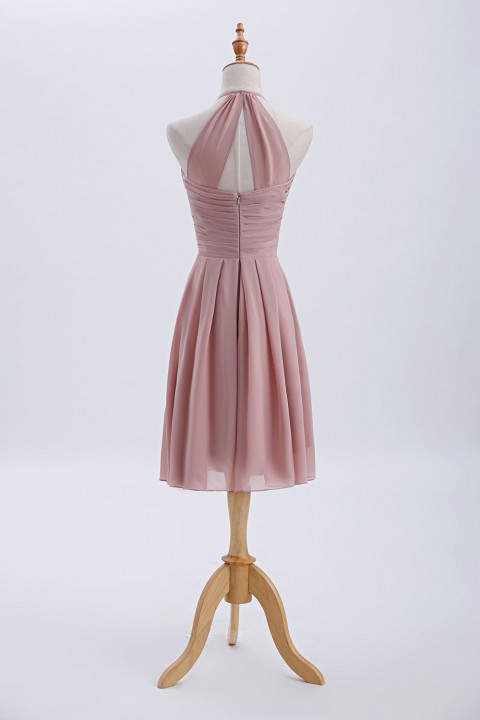 Elegant Halter Tea Length Pleated Chiffon Bridesmaid Dress with Tie Back