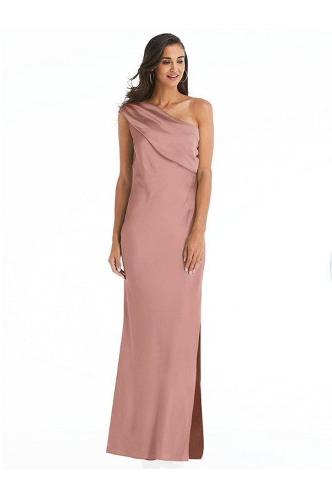 Blush One Shoulder Side Split Satin Bridesmaid Dress