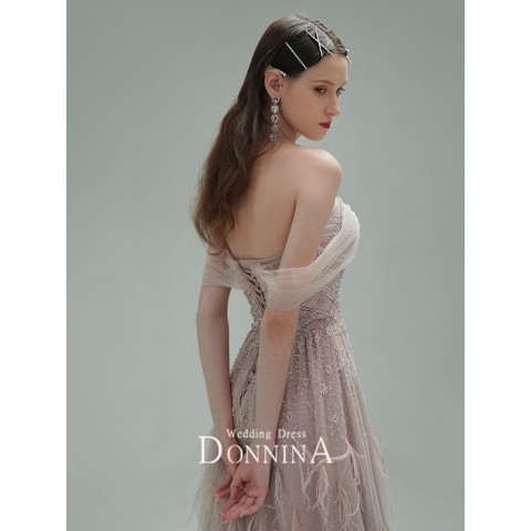 Pink Luxury Off Shoulder Beaded Feathers Design Fantasy Tulle Party Dress