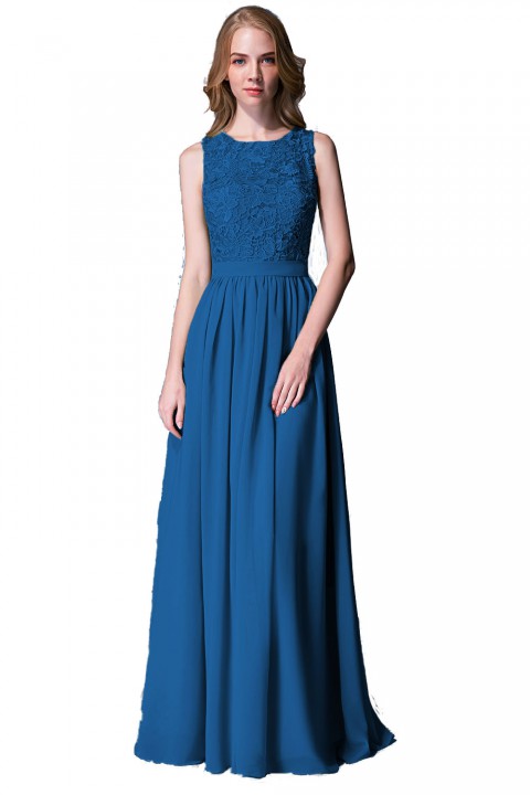 Lace Upper Bodice Illusion Scoop Neck Chiffon Bridesmaid Dress Sleeveless