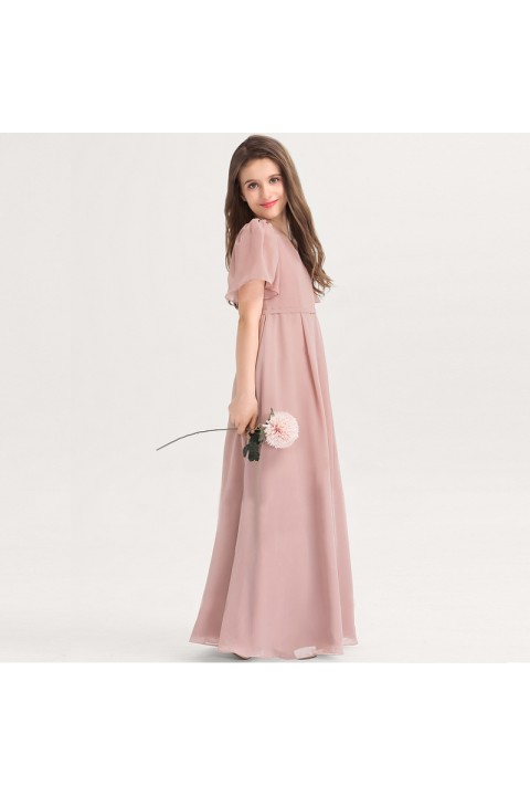 V-Neck Cap Sleeve Chiffon Skirt Junior Bridesmaid Dresses