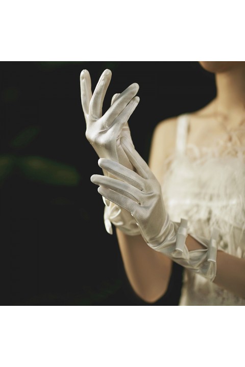 White Vintage Double Bows Design Satin Wedding Bridal Gloves