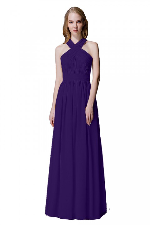 Criss-cross Halter Pleated Chiffon Bridesmaid Dress with Cross-straps Back