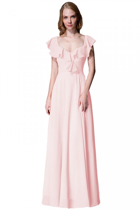 V Neck Cascading Ruffles Sleeve Bow Back Bridesmaid Dress 