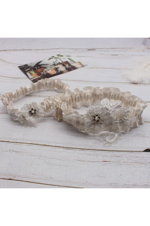 Floral Lace Pearl Crystal Elastic Bridal Garter Set