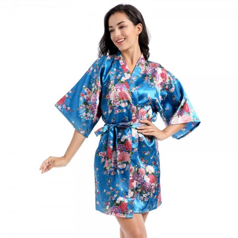Floral Slogan Printed Tied Waist Silk Mother of the Groom Robe