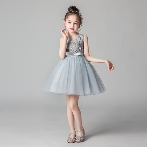 Grey V-Neck Sleeveless Lace Princess Tulle Skirt  Flower Girl Dresses With Bow Back