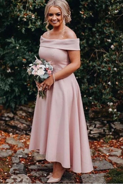 Off Shoulder High Low A Line Luxe Satin Bridesmaid Dress