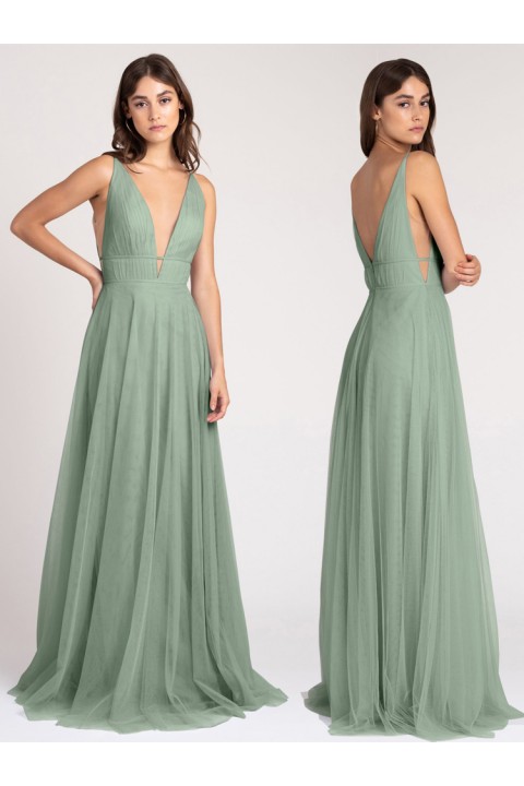 Spaghetti Strap Double V Neck High Waist Chiffon Bridesmaid Dress