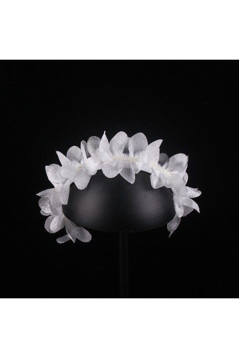 White Handmade Beads Tulle Flower Shape Decor Bridal Headband 