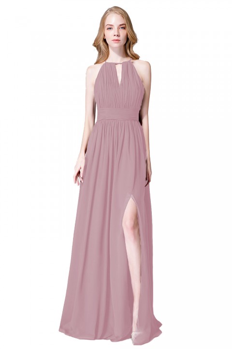 High-Neck with Keyhole Halter Tie Back Chiffon Bridesmaid Dress 