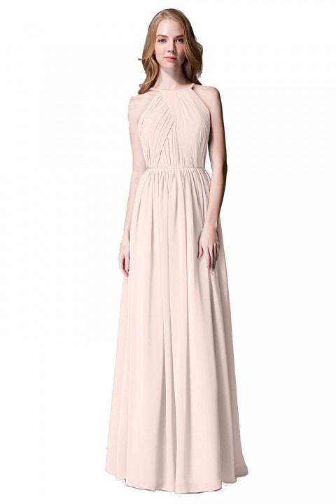 Pleated A-Line Halter Spaghetti-Straps Back Chiffon Bridesmaid Dress