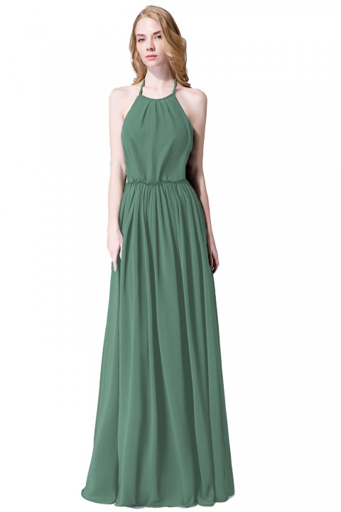 Halter Spaghetti Strap Open Back Chiffon Bridesmaid Dress with Sash