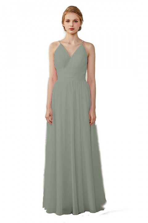 Spaghetti Straps V-Neck Bridesmaid Dress Open Back with Triangle Lace Detail