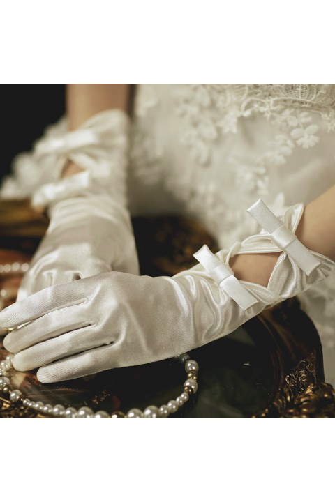 White Vintage Double Bows Design Satin Wedding Bridal Gloves