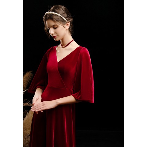 Elegant Muse Deep V-neck Tie Back Wrap Velvet Party Dress