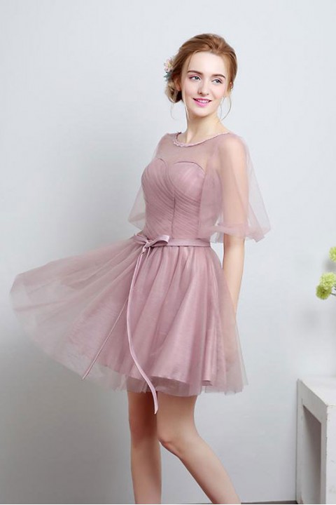 Tulle Illusion Scoop Corset Back Short Sleeve Bridesmaid Dress with Sash