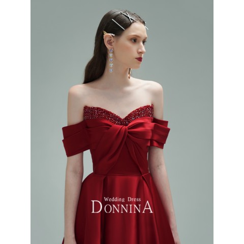 Burgundy Off Shoulder Sweetheart Beaded Neck Big Bow Decor Satin Party Dress