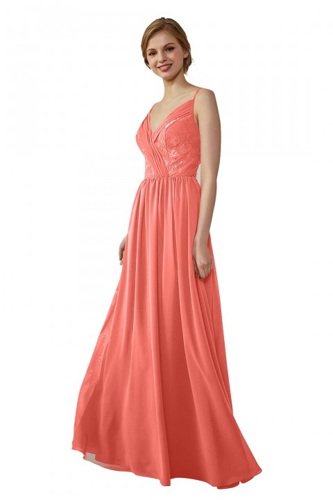 Double Spaghetti Straps Draped Lace Open-back Chiffon Bridesmaid Dress