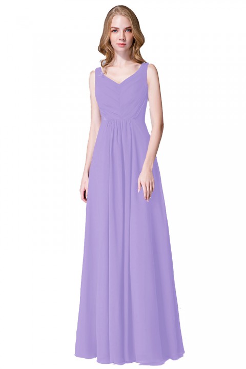 Elegant V-Back Chiffon Tank Bridesmaid Dress with Mesh Lace Inset