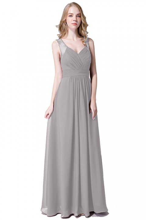 V Neck Illusion Lace Straps Keyhole Back Chiffon Ruched Bridesmaid Dress