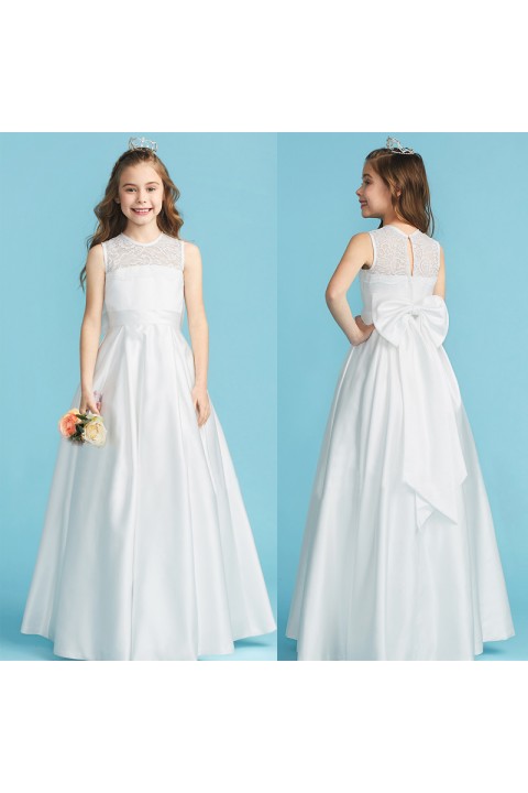 Round Neck Sleeveless Bow Decor Satin Skirt Junior Bridesmaid Dresses