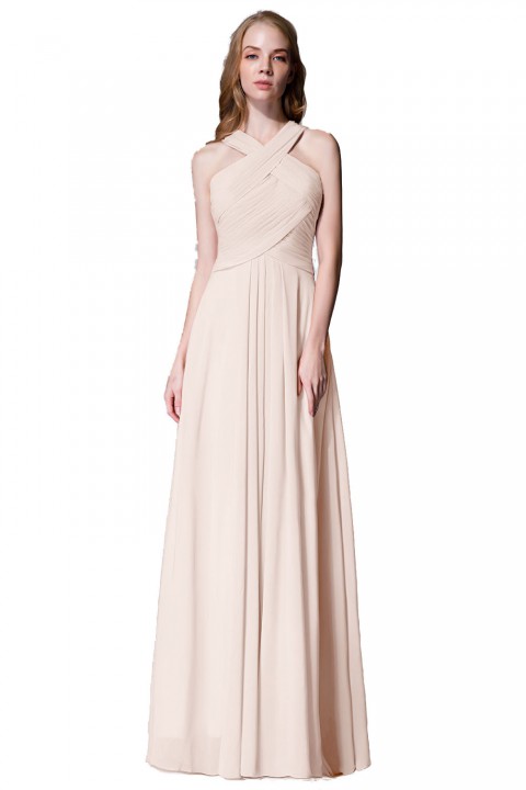 Chic Criss-cross Halter Pleated Chiffon Bridesmaid Dress Long