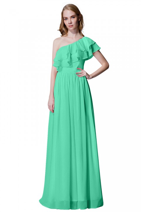 Asymmetrical One-Shoulder Flounce Chiffon Bridesmaid Dress Long