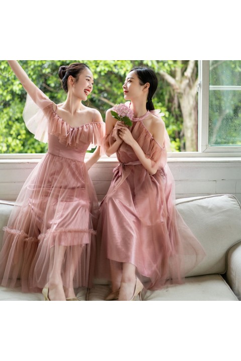 Dusty Rose Cold Shoulder Sweetheart Neck Flounce Decor Luxe Satin Bridesmaid Dress