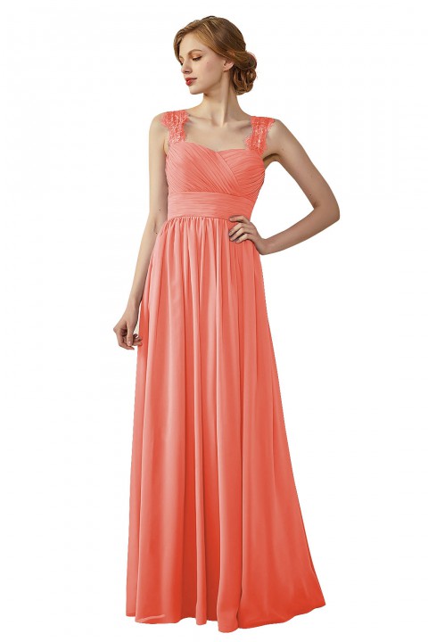 Pleated Long Chiffon Open Back Lace Strap Bridesmaid Dress